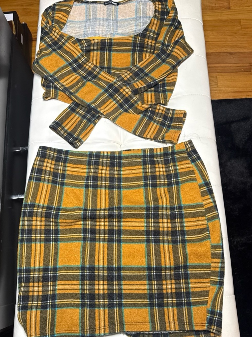 Fashion Nova Mustard Plaid Two-Piece Skirt Set